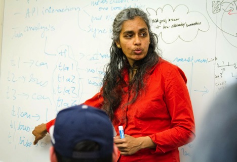 Shankari discusses transportation data analysis with her students at UC Berkeley.