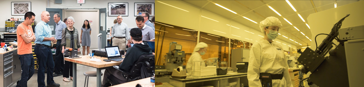 Collage of photos of people chatting in the CITRIS Invention Lab and researchers working in the Marvell NanoLab.