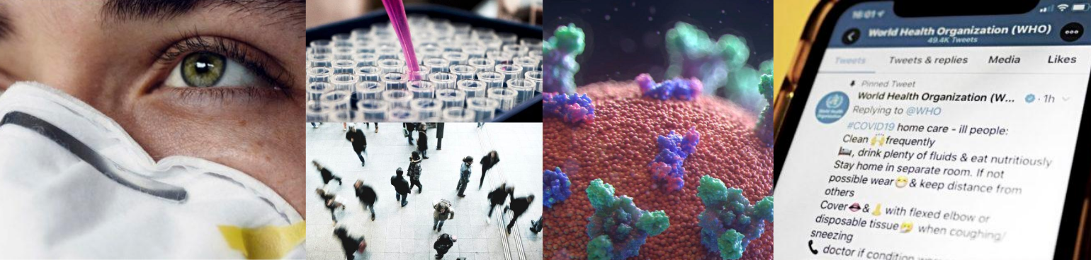 Collage of a close-up of a person wearing a face mask, a pipette dispensing a sample, a crowd from above and a realistic illustration of a COVID-19 virion.