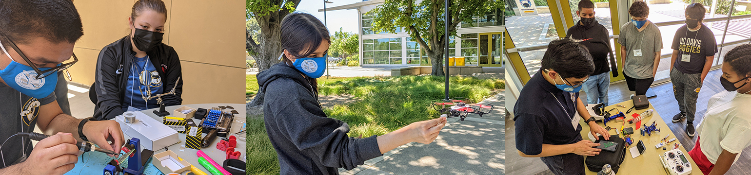 High school students wearing face coverings performing camp activities, including soldering drone parts, reaching out toward a hovering drone and listening to an instructor around a table.