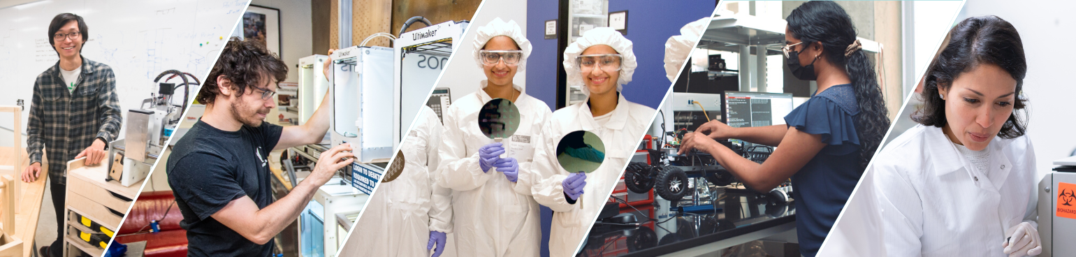 Collage of photos of students working in various research and fabrication labs.