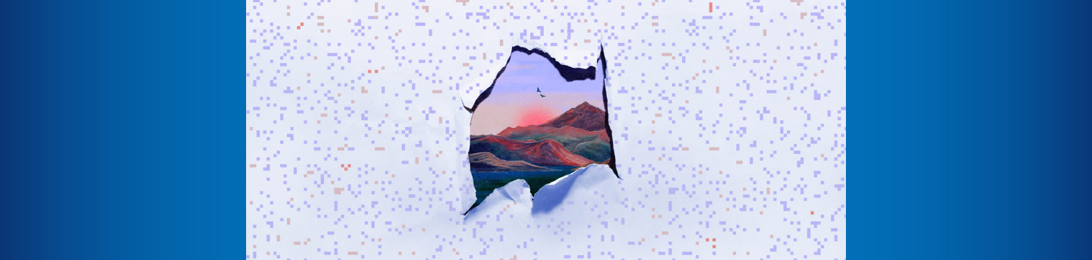 Illustration of a colorful painted landscape at sunset peeking through a hole torn in paper pattered with random purple and orange pixels.