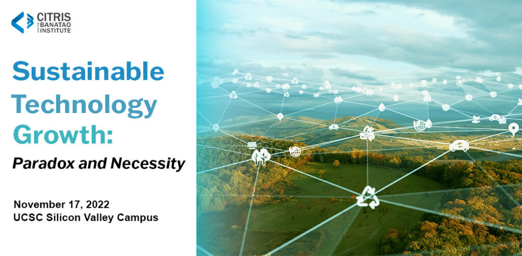 CITRIS Day banner with photo of green rolling hills covered in fields and forests. Illustrations of sustainability-related icons, such as a recycling symbol and an electric car, are superimposed above the photo, connected by white lines to indicate a web. 